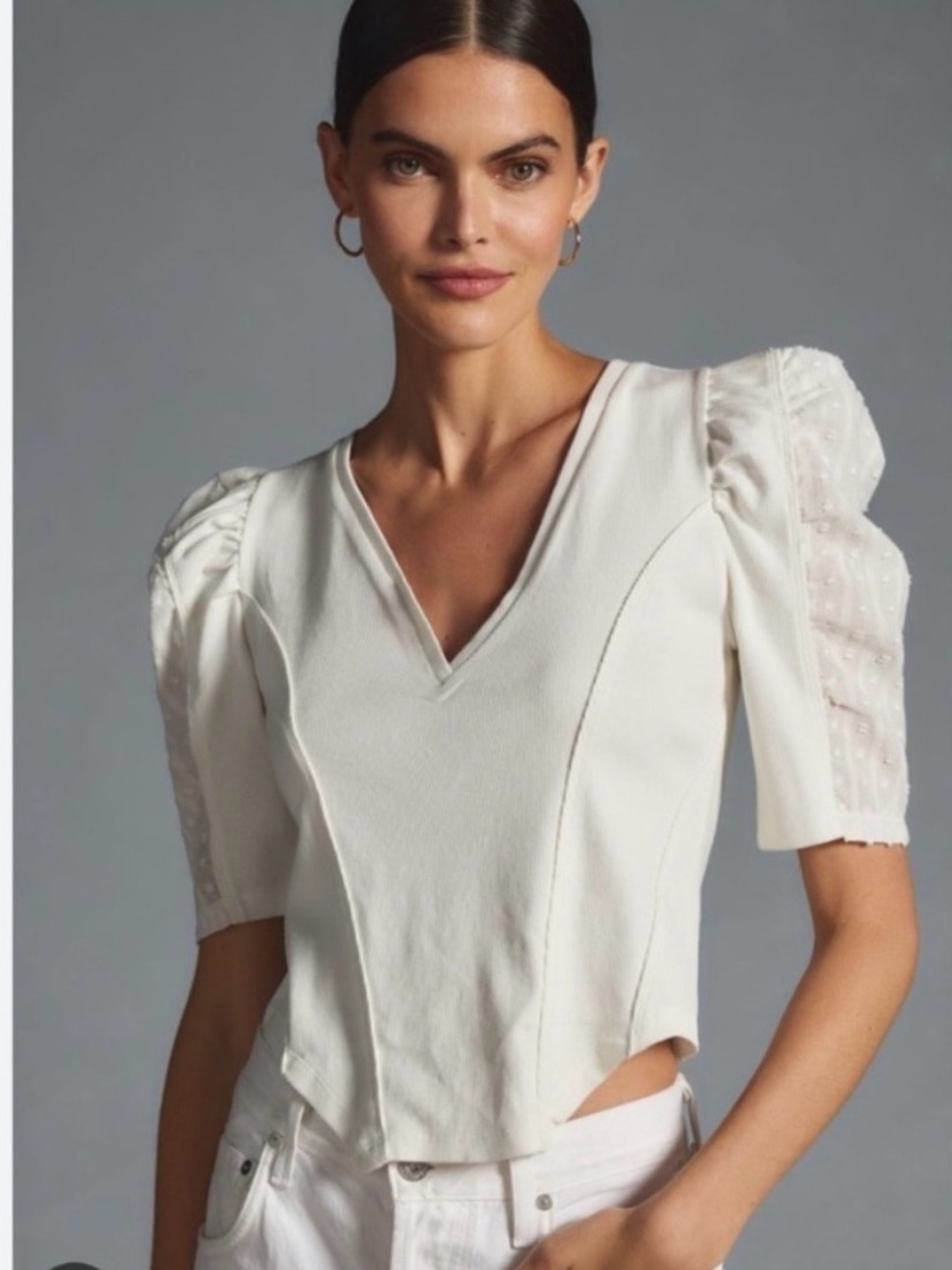 Anthropology V-Neck Puff Sleeve White Top XXS